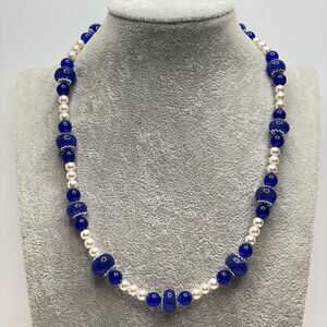 Artisan Handcrafted Blue Gemstone Glass Pearl Beaded Necklace Elegant Statement